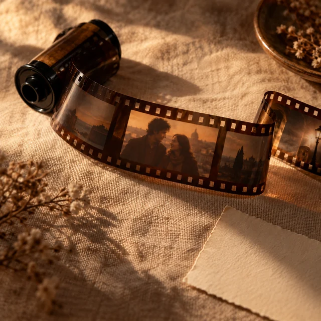Analog film rolls, printed film frames, and paper arranged on a desk