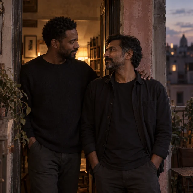 Two men share a tender moment in a softly lit doorway