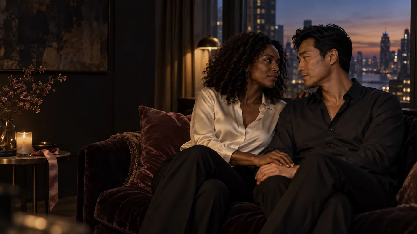 A couple holding hands and sharing a quiet moment on a sofa at twilight