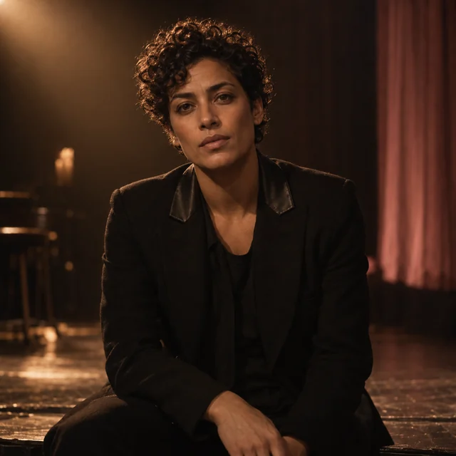 A performer in a tailored jacket with leather lapels under amber theater lighting