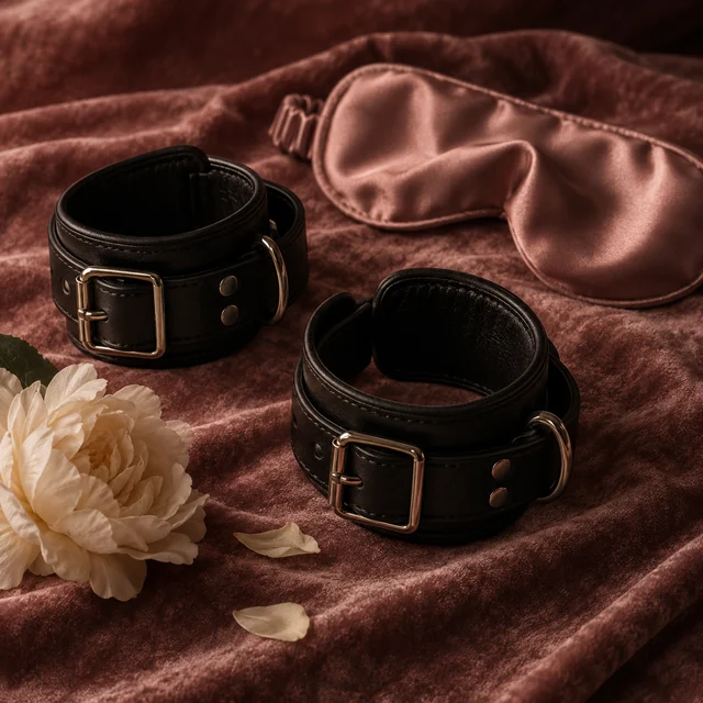Leather cuffs, a satin blindfold, and a cream flower arranged as an artistic still life
