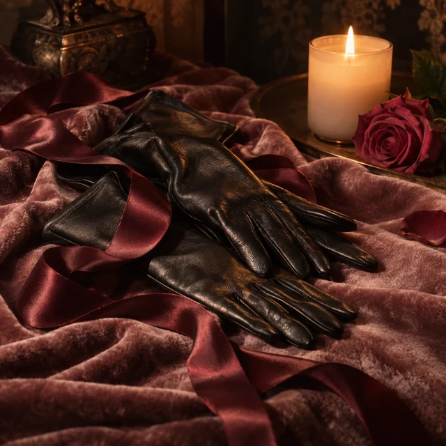 A burgundy ribbon, leather gloves, candle, and rose arranged on velvet