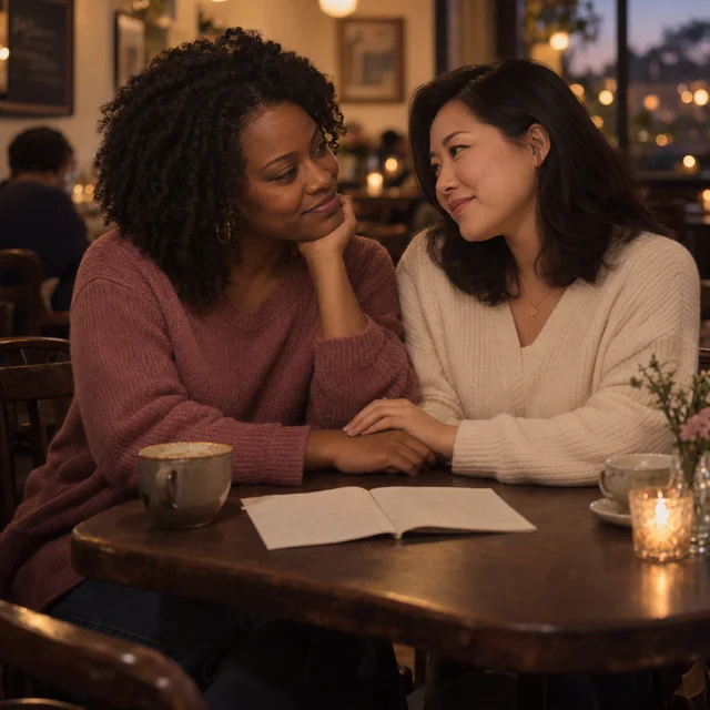 Two women share a quiet romantic moment at a warmly lit café